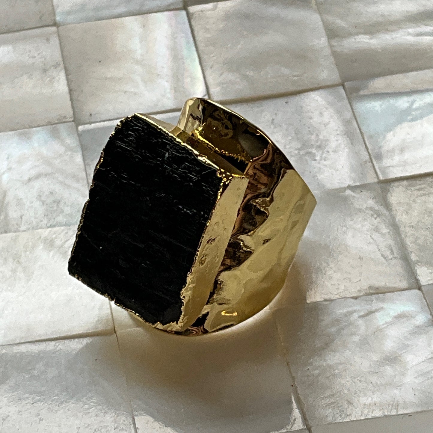 Gold Shield Raw Black Tourmaline Ring