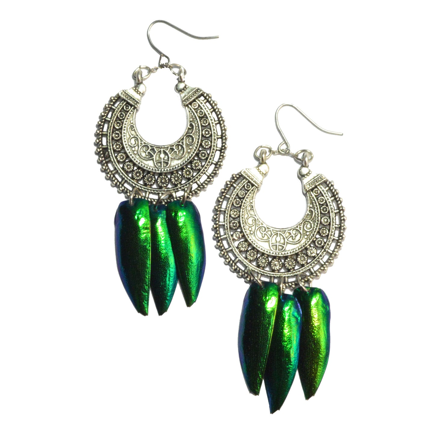 Deva Jewel Wing Earrings Tibetan Silver and beetle wing handmade in USA fair trade