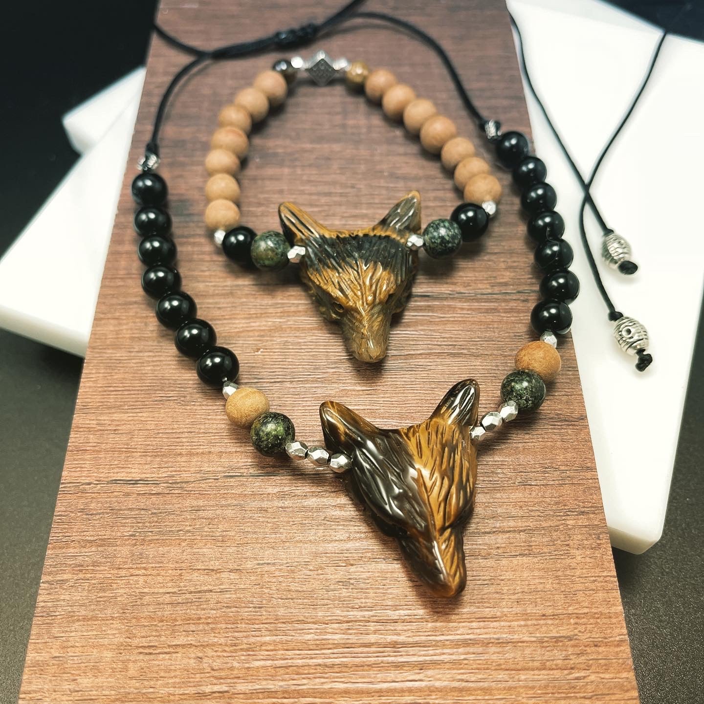 Fox Tigers Eye and obsidian adjustable length necklace