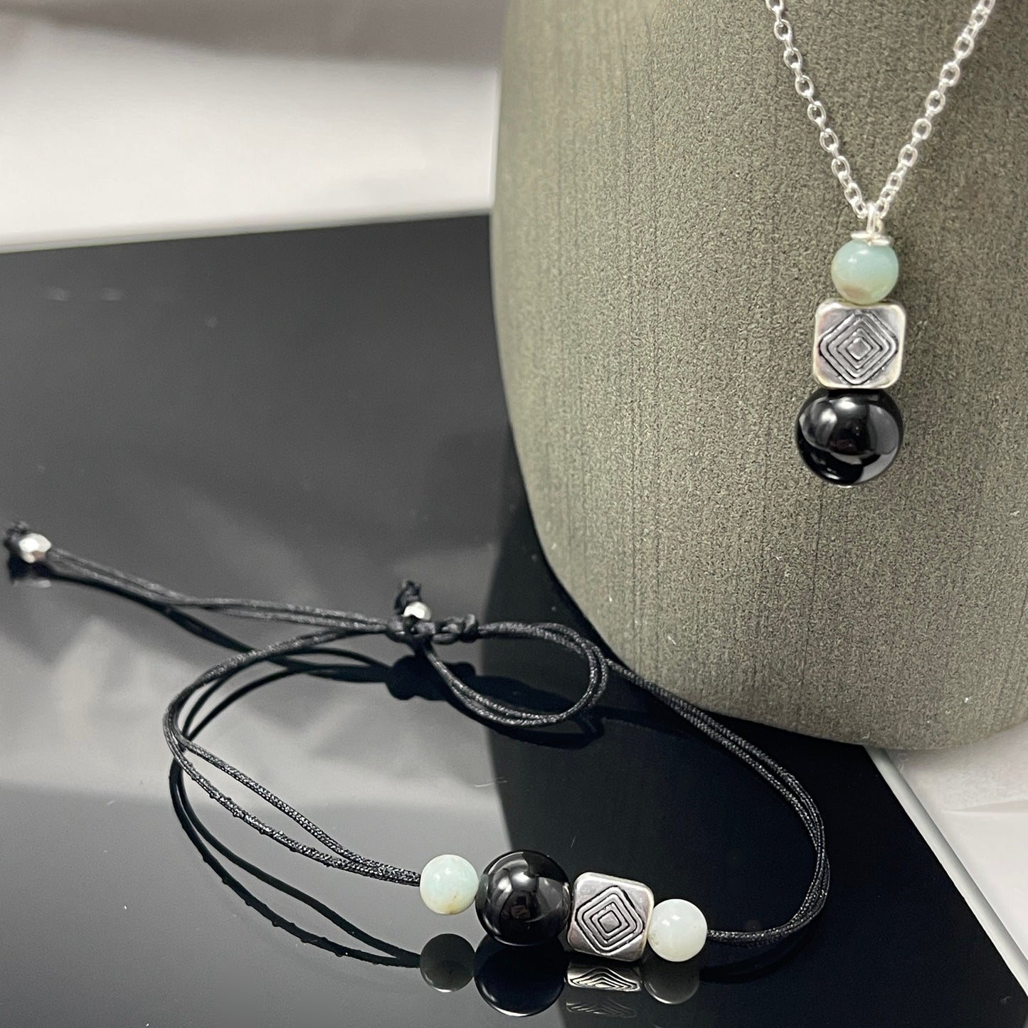 Amazonite and onyx Bracelet for protection and calm