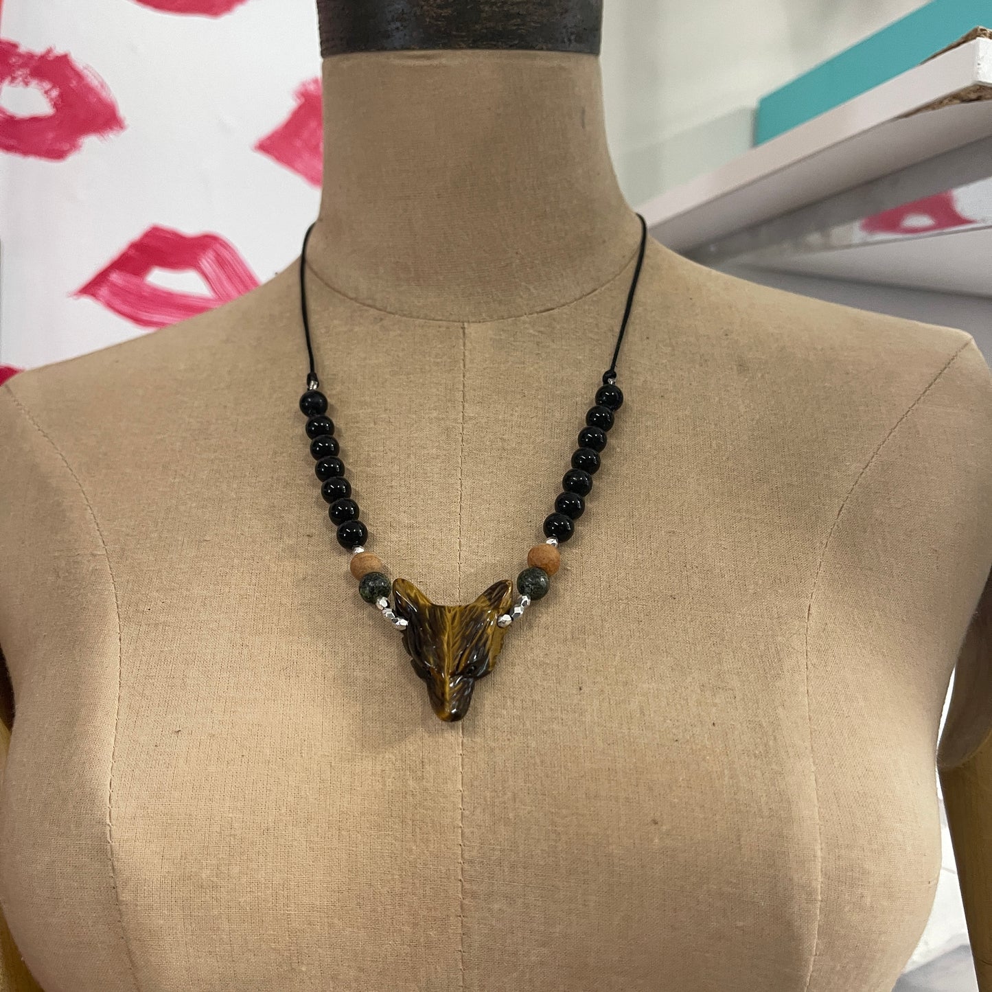 Fox Tigers Eye and obsidian adjustable length necklace