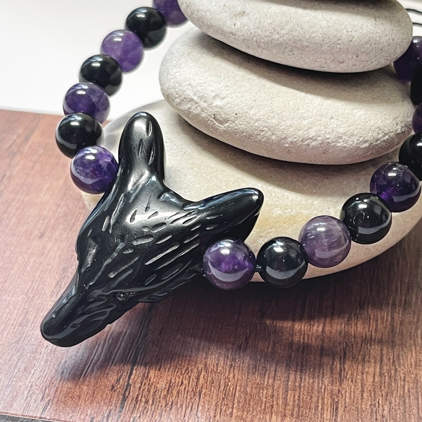 Amethyst Black onyx wolf spirit animal bracelet for protection Love