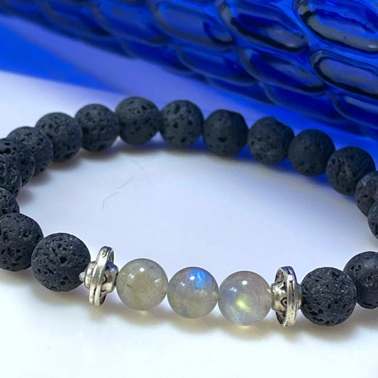 Rainbow Moonstone Lava Stone Bracelet can be used for calming, awakening the inner goddess, aromatherapy