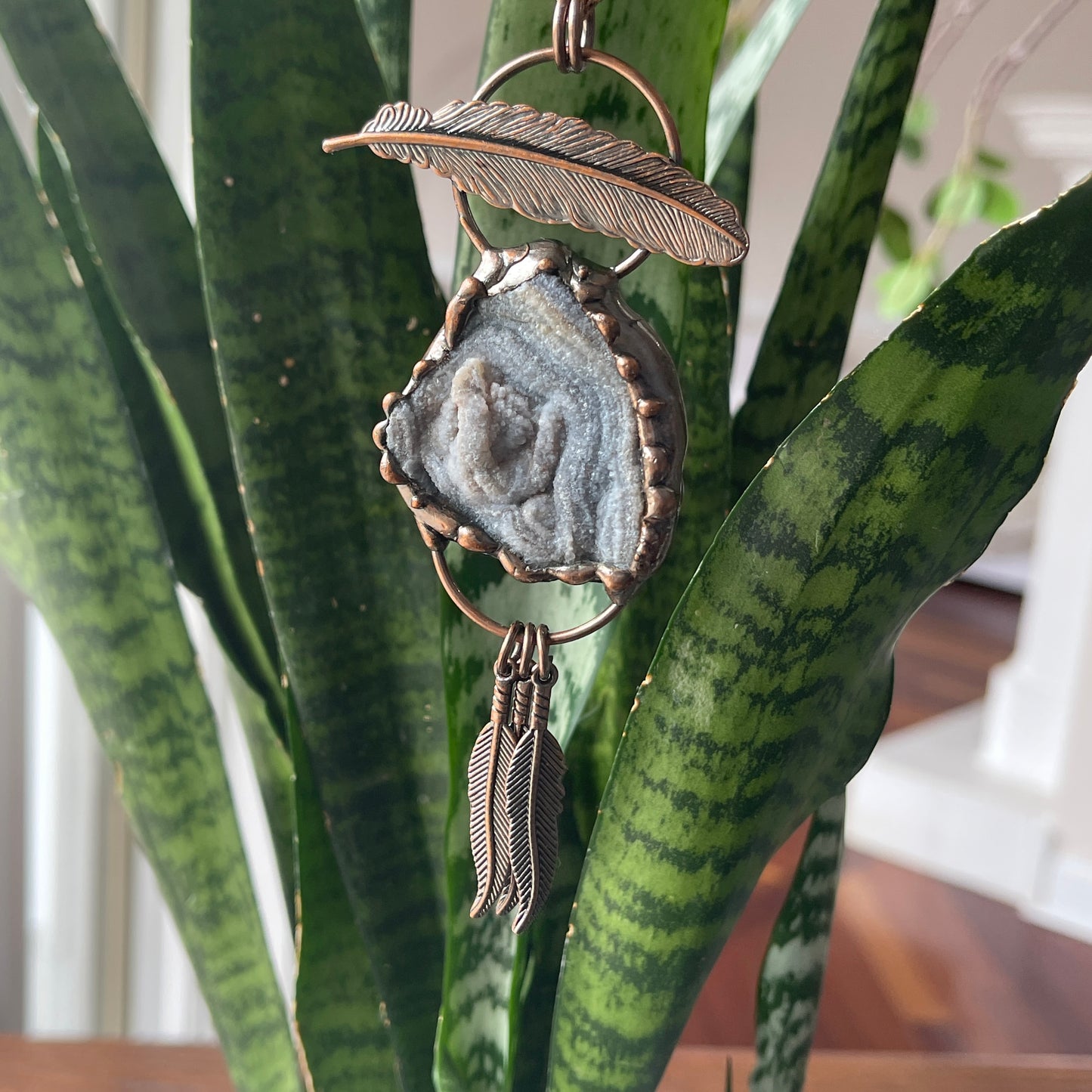 Taos Feather Motif Druzy Quartz Necklace