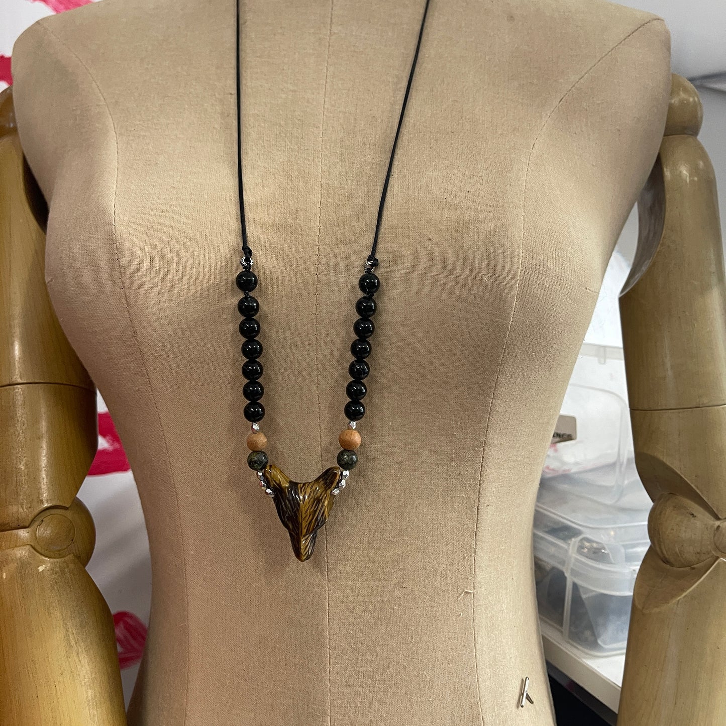 Fox Tigers Eye and obsidian adjustable length necklace
